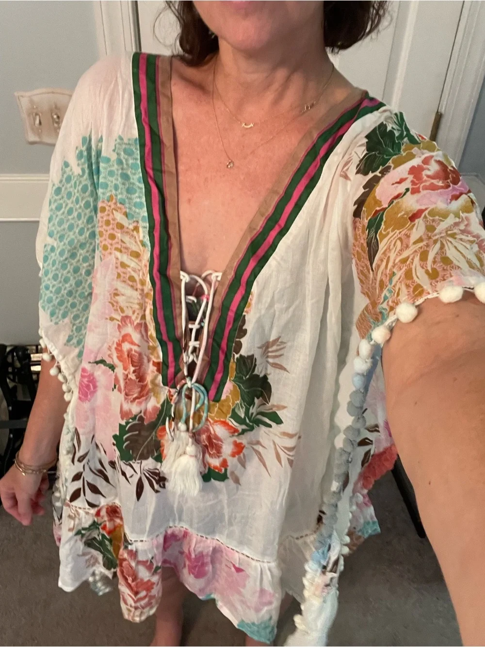 Floral Pom-Pom Women’s Swim Coverup Tunic - Pastel Floral - Picture 3 of 8